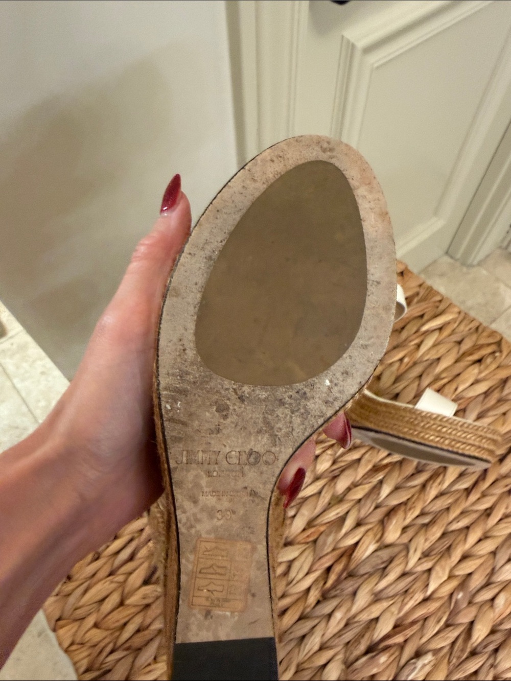 Jimmy Choo Wedge Espadrille Sandals in White and Tan - Picture 4 of 5